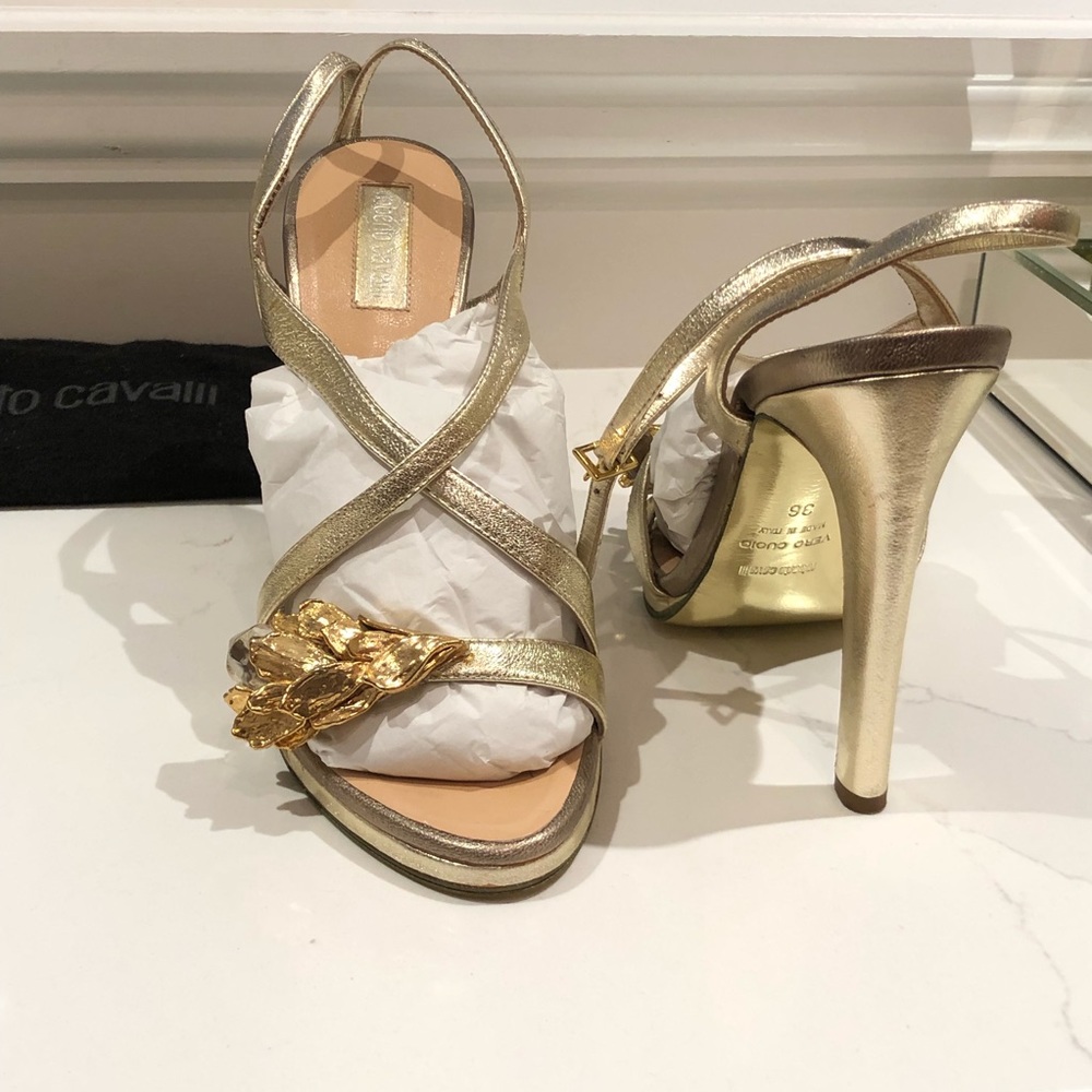 Stunning Roberto Cavalli Gold Embellished Rock Crystal Sandals with Gold Soles.